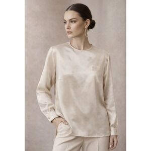 Vtg Givenchy Satin Blouse Champagne Embroidered Logo Women's 18W Quiet Luxury‎